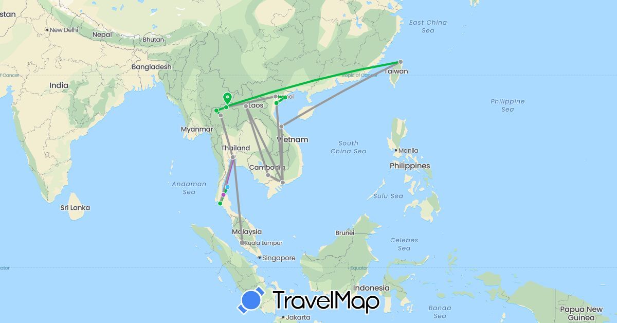 TravelMap itinerary: driving, bus, plane, train, boat in Cambodia, Laos, Malaysia, Thailand, Taiwan, Vietnam (Asia)